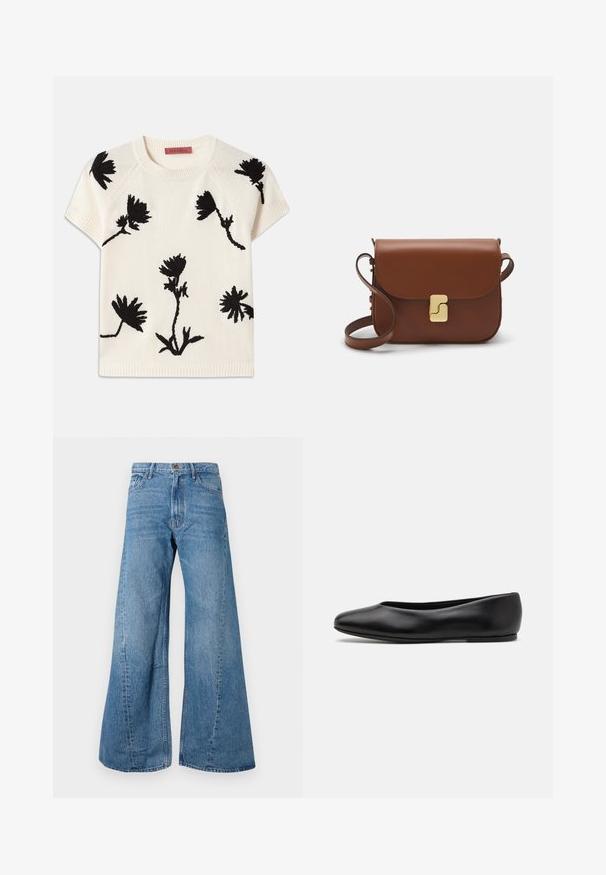 Short-sleeve cream sweater featuring black floral embroidery. Round neckline and ribbed hem. Soft texture with a relaxed fit.; Wide-leg blue denim jeans with a high waist, featuring classic five-pocket styling and slight fading for texture.; Paul Smith TOPANGA - Ballet pumps - black; Brown leather handbag with a flap closure, gold-tone hardware, a shoulder strap, and a smooth texture. Compact rectangular shape.