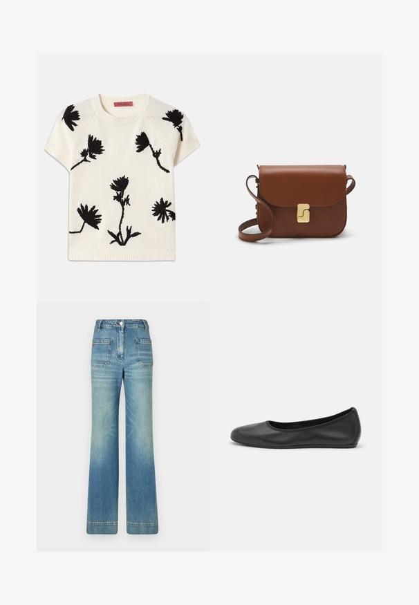 Lühikeste varrukatega kreemivärvi särk, millel on must lilleline broderii. Ümmargune kaelus ja soonikserv. Pehme tekstuur ja mugav lõike.; Heledad sinine denimist laienevad teksad viie tasku, vöödega, nööbiga kinnitusega ja kergelt tuhmise tekstuuriga, tagaküljel punane logo detail.; Musthave mustika tantsutossud mustast nahast, ümmarguse varbaga, siledast tekstuurist, minimaalse õmblusdetailiga ja paindliku tallakujundusega.; Pruunist nahast käekott, millel on klapiga sulgur, kuldne riistvara, õlarihm ja sile tekstuur. Kompaktne ristkülikukujuline vorm.