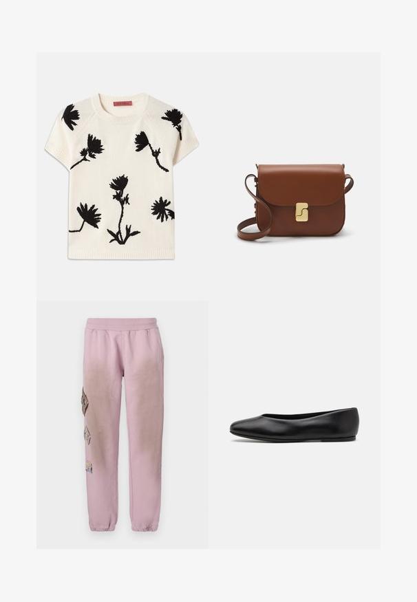 Suéter de manga corta color crema con bordados florales en negro. Cuello redondo y dobladillo acanalado. Textura suave con un ajuste relajado.; Pantalones de chándal rosas con cintura elástica, que presentan parches decorativos en forma de diamante en el lado izquierdo y puños elásticos en los tobillos.; Paul Smith TOPANGA - Bailarinas - black; Bolso de mano de cuero marrón con cierre de solapa, herrajes en tono dorado, correa para el hombro y una textura suave. Forma rectangular compacta.