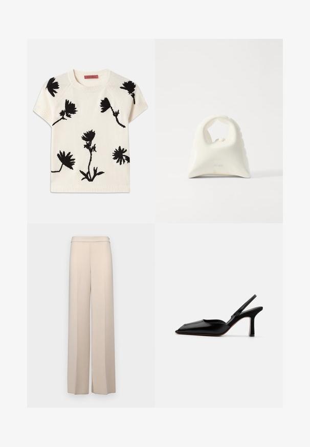 Kreminės spalvos trumpas rankovėmis megztinis, puoštas juodais gėlėmis siuvinėjimu. Apvalus iškirpimas ir banguotas apatinis kraštas. Minkšta tekstūra ir laisvas siluetas.; Šviesiai rudos spalvos plačios kelnės iš lygaus audinio, su aukštu liemeniu ir subtiliomis priekinėmis raukiėmis. Be kišenių ar matomų detalių.; Juodas odinis slingback kulnas su smailiu nosiu, minimalizmo stilius, plonas kulkšnies dirželis ir elegantiškas stiletto kulnas. Lygus paviršius.; Balta rankinė su tekstūruotu, išlenktu dizainu. Yra ryški rankena ir suapvalinta apačia, su lygiu paviršiumi ir minimalia aparatinė įranga.