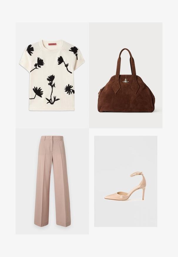 Kortärmad gräddfärgad tröja med svart blommönsterbroderi. Rund halsringning och ribbad nederkant. Mjuk textur med en avslappnad passform.; Breda byxor i ett mjukt rosa tyg, med platt framsida, midjeband med bältesöglor och en slät yta.; Nackens patentläder skon med spetsig tå, ankelrem och stilettklack, med en slät yta och minimalistisk design.; Brun mockaskinnsväsk med en strukturerad form, rundad kropp och avlånga, diamantformade handtag. Har en silverfärgad låsning.