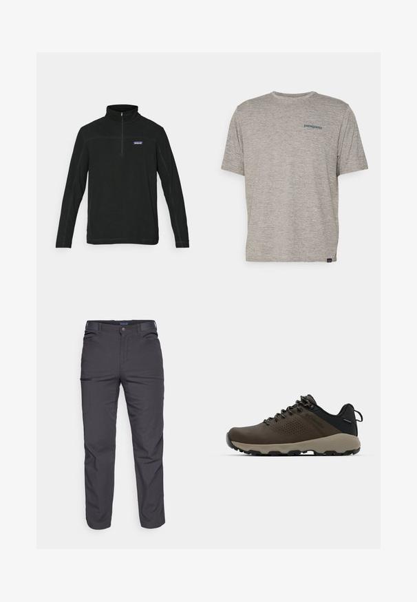 Svart zip-neck fleece genser med lange ermer, flatlock sømmer og logo på venstre bryst. Jevn tekstur, uformell stil og allsidig design.; Grå kortermet t-skjorte laget av mykt, teksturert stoff med en liten blå Patagonia-logo på venstre bryst. Ingen ekstra mønstre.; Mørkegrå bukser laget av slitesterkt stoff, med glidelåslomme, rett snitt og beltestropper for justerbar passform.; Brune vanntette joggesko med teksturert overdel, perforerte detaljer, svart hæl støtte og en grå gummisåle. Snøring er stilisert med metalliske ender.