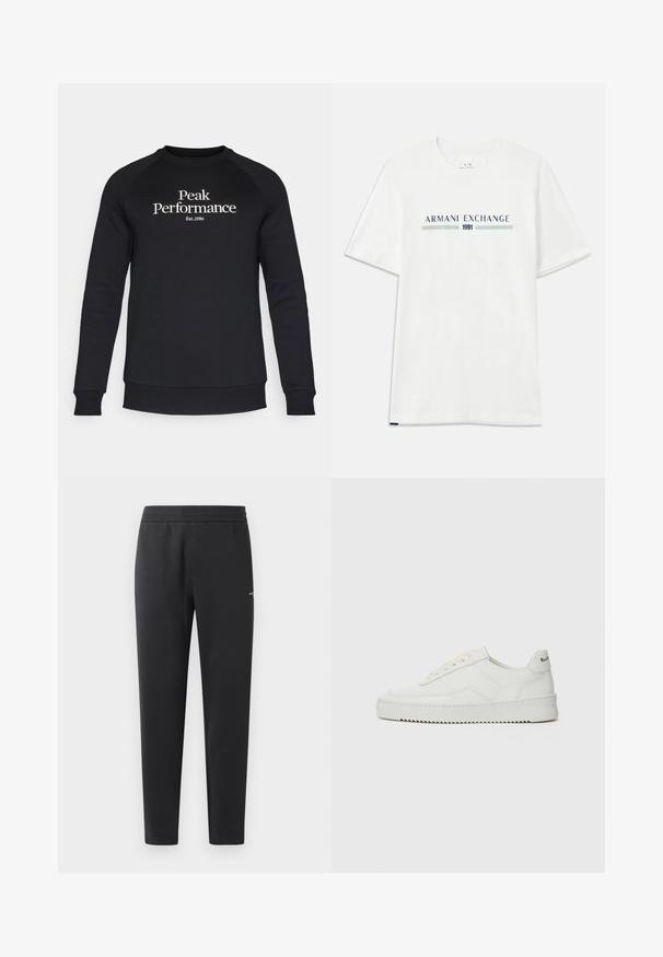Peak Performance ORIGINAL CREW-BLACK-OFFWHITE - Φούτερ - black/offwhite; Λευκό βαμβακερό t-shirt με κοντά μανίκια, που διαθέτει μπλε και πράσινο λογότυπο "ARMANI EXCHANGE" και "1991" κεντραρισμένο από κάτω.; Μαύροι παντελόνες jogging από μαλακό ύφασμα, με ελαστική μέση, ίσια πόδια και μία μικρή λεπτομέρεια λογότυπου στη πλευρά.; Λευκό δερμάτινο sneakers με λείο φινίρισμα, στρογγυλή μύτη, επίπεδα κορδόνια και υφή στην σόλα. Φέρει μια διακριτική λογότυπο στη φτέρνα.