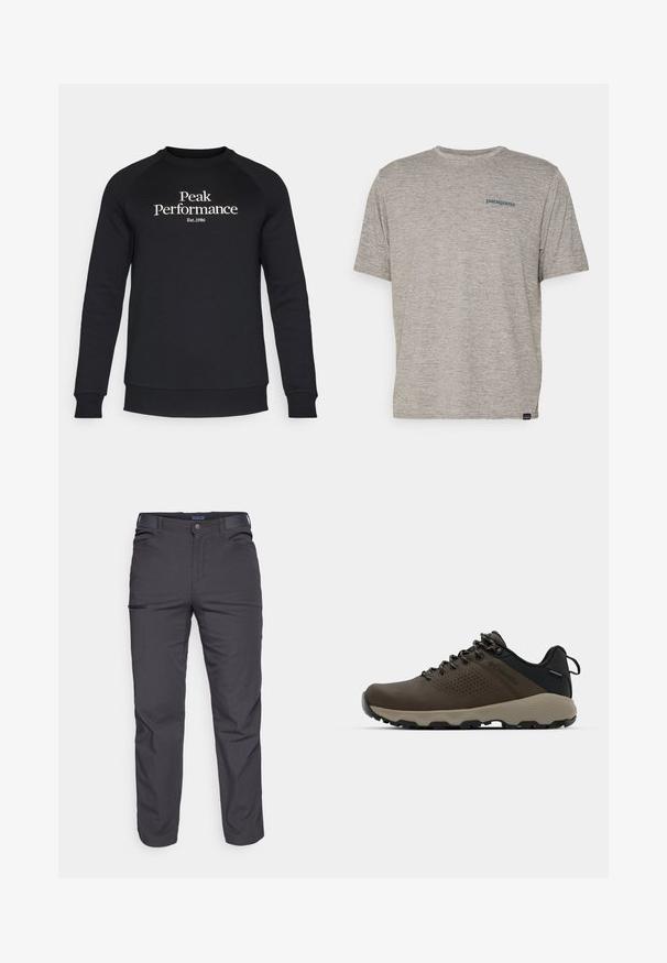 Peak Performance ORIGINAL CREW-BLACK-OFFWHITE - Felpa - black/offwhite; T-shirt grigio a maniche corte realizzato in un morbido tessuto di texture, con un piccolo logo blu di Patagonia sul lato sinistro del petto. Senza ulteriori fantasie.; Pantaloni grigi scuri realizzati in tessuto resistente, dotati di tasca con zip, taglio dritto e passanti per cintura per una vestibilità regolabile.; Sneakers impermeabili marroni con tomaia testurizzata, dettagli perforati, supporto al tallone nero e suola in gomma grigia. I lacci sono decorati con estremità metalliche.