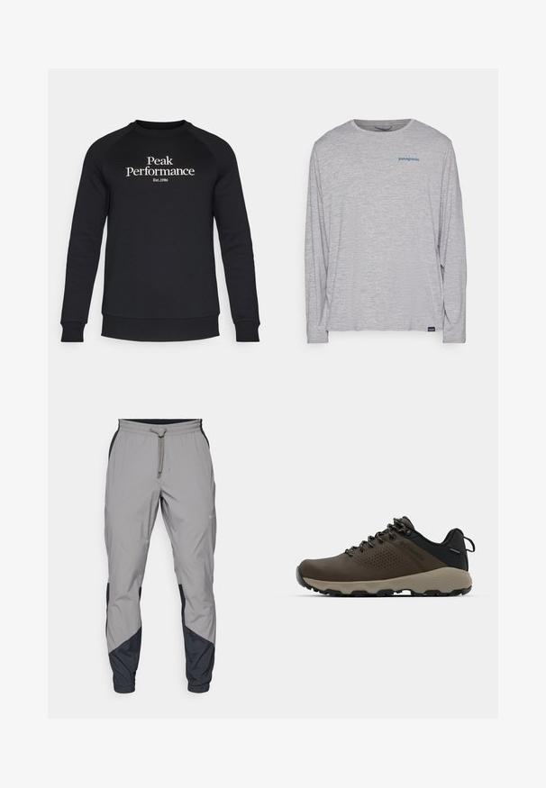Peak Performance ORIGINAL CREW-BLACK-OFFWHITE - Camisola - black/offwhite; T-shirt de mangas longas cinza claro, feito de um tecido suave e texturizado. Apresenta um decote redondo e um pequeno logotipo azul da Patagonia no peito.; Calças de treino leves e cinzentas com detalhes pretos. Cintura elástica, fecho com cordão, design de perna afunilada e bolsos laterais.; Ténis impermeáveis castanhos com um upper texturizado, detalhes perfurados, apoio para o calcanhar preto e uma sola de borracha cinza. Os atacadores têm extremidades metálicas.