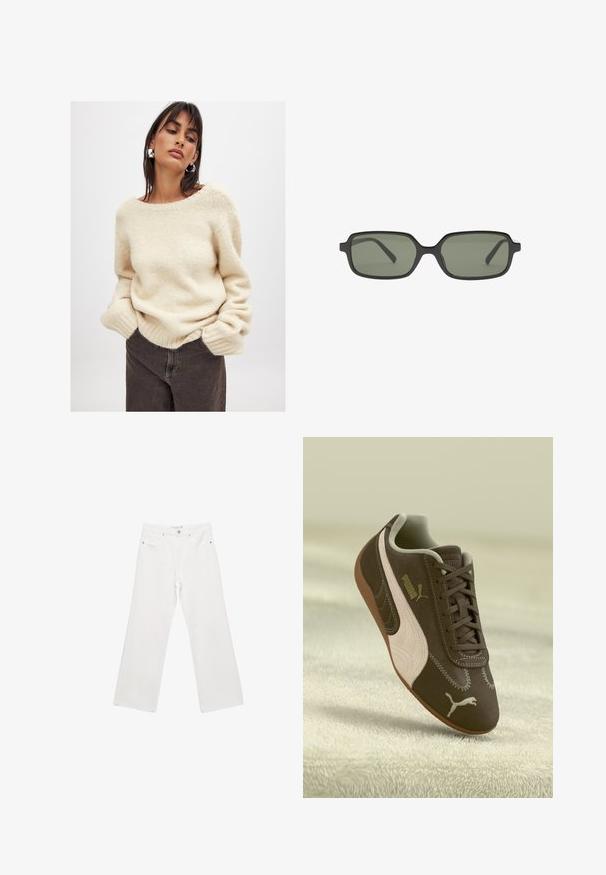 Beżowy, dzianinowy sweter z szerokim dekoltem i prążkowanymi mankietami, zestawiony z ciemnobrązowymi spodniami. Widoczny miękki, teksturowany materiał.; Białe dżinsowe spodnie o szerokich nogawkach z klasycznym pięciokomorowym wzorem, metalowymi elementami oraz kontrastowymi przeszyciami. Gładka faktura i luźny krój.; Brązowe sneakersy Puma z beżowym paskiem i logo, sznurowane, spoczywające na teksturowanej beżowej powierzchni.; Czarne prostokątne okulary przeciwsłoneczne z ciemnozielonymi szkłami, o płaskim designie, minimalistycznych bokach i lekkiej ramie zapewniającej komfort.; Beżowa skórzana torebka hobo o gładkiej teksturze. Posiada dużą, otwartą górę oraz jeden, szeroki pasek na ramię. Zaokrąglony, luźny kształt.