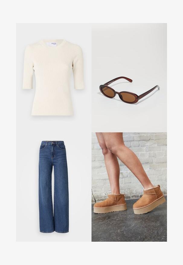Šviesiai grietinėlės spalvos švelniai susivyniojantis megztinis su trumpomis rankovėmis, apvalia iškirpte ir prigludusia siluetu. Lygus paviršius su vertikaliomis juostelėmis.; Aukštos liemens, plačių kojų džinsai tamsiai mėlynos džinsinės medžiagos. Su penkiomis kišenėmis, diržo kilputėmis ir išblukusia tekstūra su kontrastingais siūlais.; Rudos zomšiniai kulkšniniai batai su minkštu pamušalu, storu smėlio spalvos platforminiu padu ir gale esančia kilpa. Tekstūruotas paviršius su matomais siuvimo detalėmis.; APvalūs, rudos spalvos saulės akiniai su blizgia burgundinės spalvos rėmeliu. Plonos šakutės su subtiliu ženklinimu. Lygus objektyvo dizainas.