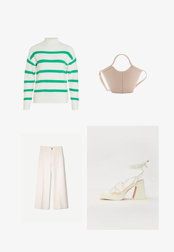 VILA VIRIL MOCK NECK - Neule - white alyssum; Kerman leveletut housut räätälöidyllä designilla, joissa on kaksi etutaskua ja yksi etunapituksilla, valmistettu sileästä kankaasta.; Valkoinen korkokenkä, jossa on paksu korko, ja joka sisältää nauhakiinnityksen ja nilkkaketjun. Sujuva pinta, jossa on platform-etupohja lisäkorkeutta varten.; Vaaleanbeige nahkainen käsilaukku, jossa on ainutlaatuinen muoto, varustettuna kahdella lyhyellä kahvalla ja yhdellä pitkällä säädettävällä hihnalla. Sujuva pinta ja vähän metalliosia.