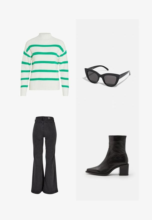 VILA - Sweter; Czarne dżinsy w stylu dzwonów o gładkiej powierzchni, z wysokim stanem i metką marki z tyłu. Posiadają szerokie nogawki oraz wzmocnione szwy.; Czarne skórzane botki za kostkę z kwadratowym czubkiem i blokowym obcasem. Projekt charakteryzuje się gładką teksturą i minimalną ilością szwów.; Czarne okulary przeciwsłoneczne w kształcie kociego oka z matowym wykończeniem, z szarymi soczewkami, ostrymi kątami i smukłymi bocznymi ramionami. Nazwa marki widoczna na wewnętrznej części ramienia.