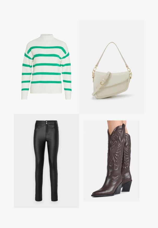 VILA - Sweter; Czarne, wysokiej talii skinny jeansy wykonane z gładkiego, elastycznego materiału. Dwa srebrne guziki w talii i minimalne detale przeszyć.; Brązowe skórzane kowbojki z noskiem w kształcie migdała i blokowym obcasem, z detalicznym przeszyciem i podniesionymi akcentami na cholewce.; Mała torebka w kolorze kremowym z teksturowanym wykończeniem, długim regulowanym paskiem, akcentem z łańcucha oraz zapięciem na klapkę. Wykończenia w kolorze złotym.; Złote kolczyki w kształcie kół, cztery sztuki, gładkie wykończenie, zaokrąglony design, w różnych rozmiarach, z zawiasowym zapięciem dla łatwego zakupu.