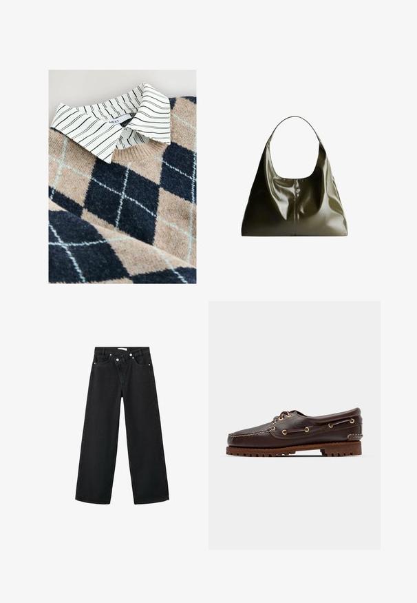 Gebreide trui met een beige en marineblauw ruitpatroon, met daaronder een wit gestreept overhemd met kraag en een zachte, textuurgegeven stof.; Hoge taille zwarte denim jeans met een wijde pijp, vijf zakken en zilveren metalen hardware aan de voorkant voor sluiting.; Bruine leren bootsschoen met gouden oogjes, ronde veters en een gestructureerde bruine rubberen zool. Kenmerkt zich door gestikte details en een verhoogd logo.; Olijfgroene leren schoudertas met een gladde, glanzende afwerking. Beschikt over een afgeronde bovenkant en een zachte, hangende vorm. Minimalistisch design.