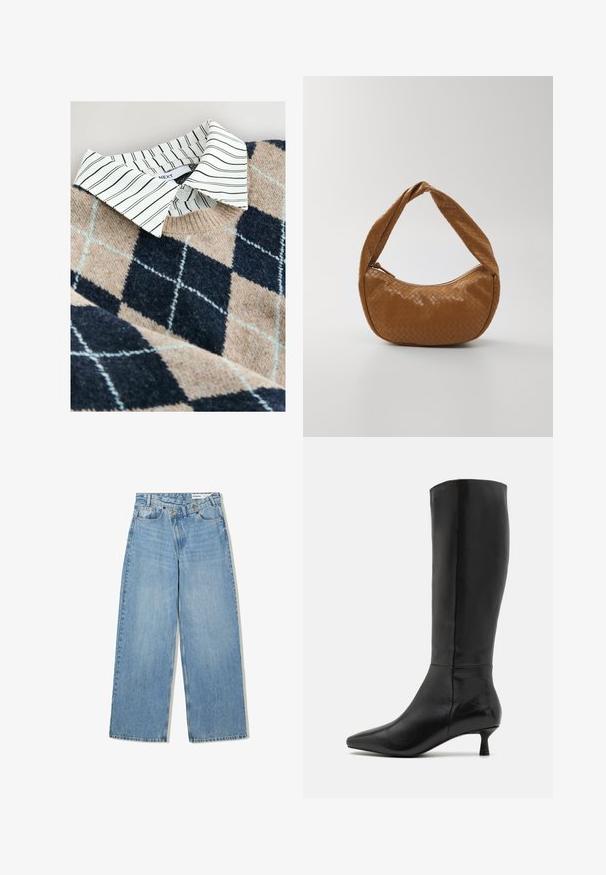 Pleteni pulover s bež in mornarsko modrim argyle vzorcem, pod katerim je bela srajca s črtami in iz teksturiranega, mehkega materiala.; Svetlo modri široki kavbojki iz denima, ki imajo visok pas, pet žepov, zapiranje na gumb in subtilno zbledelost za teksturo.; Zign Škornji - black; Tkanih kožni ročni torbici v rjavi barvi, ovalne oblike s širokim pletenim ročajem, z zadrgo in sijočo teksturo.