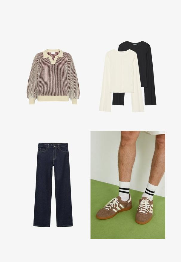 Moves DELLA - Maglione - sassafras; Set di due maglie a maniche lunghe, bianche e nere. Texture a coste, scollo tondo, design aderente con maniche leggermente svasate.; Jeans in denim scuro con vestibilità rilassata. Presentano vita alta, cinque tasche e cuciture a contrasto. Design a gamba dritta, senza decorazioni.; Sneaker in suede marrone con dettagli e lacci bianchi. Suola in gomma color gomma. Indossati con calzini bianchi con righe nere. Pavimento verde texturizzato.