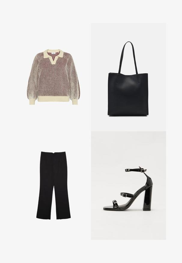 Moves DELLA - Jumper - sassafras; Black trousers with a straight fit, featuring front pockets and side slits at the hem. Made of soft, smooth fabric. Suitable for various occasions.; Black patent heeled sandals with a square toe, ankle straps, and silver buckles. Features a chunky block heel for stability.; Black leather tote bag with smooth texture, rectangular shape, and two long handles. No visible hardware or embellishments.