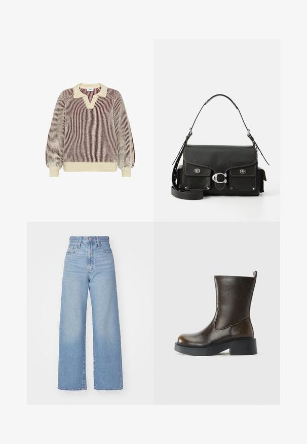 Moves DELLA - Džemperis - sassafras; Šviesiai mėlynos aukšto liemens plačios kojos džinsai su priekiniais užtrauktukais ir sagom, priekinėmis ir galinėmis kišenėmis, ant baltos fono.; Tamsiai ruda odinė per čiurną boot'ų su apvaliu pirštu, storesne juoda podega, žemu blokiniu kulnu ir traukimo kilpa gale.; Juoda odinė rankinė su užtrauktuku, sidabriniais elementais, dviem priekiniais kišenėmis, kontrastingomis siūlėmis ir nuimamu peties diržu.