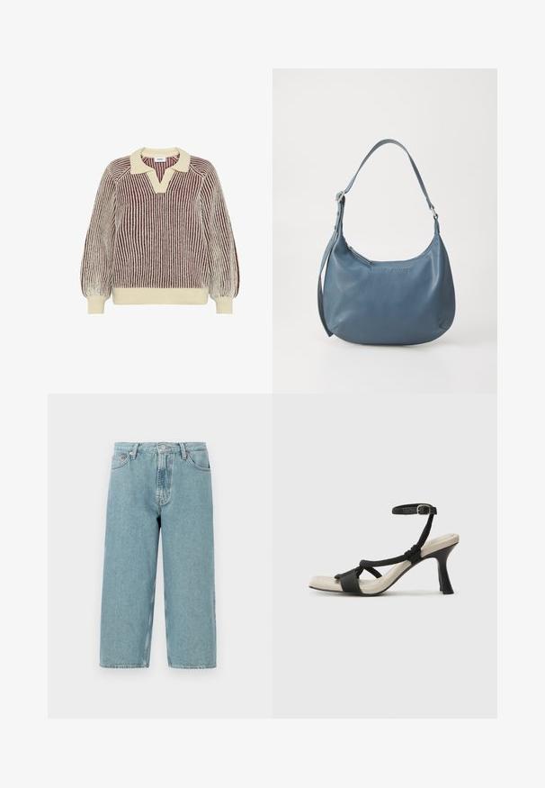 Moves DELLA - Stickad tröja - sassafras; Ljusblå denimshorts med hög midja, rak passform och rå nederkant. Har en klassisk knapp- och dragkedjestängning samt fyra fickor.; Svart klacksandaler med flätad remdesign, fyrkantig tå och justerbar vristrem. Ljusbeige fotbädd med glansig svart klack.; Blå läderhandväska med rundad form, enkel axelrem, zipförslutning och präglat varumärke framtill. Slät textur.