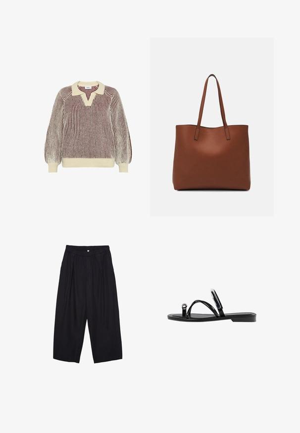 Moves DELLA - Jumper - sassafras; Black polyester culotte pants with an elastic waistband, two front pleats, and a loose silhouette. No visible patterns or hardware details.; Black flat sandals featuring a glossy finish, three thin straps, and a circular hardware detail at the toe. Sleek design with a minimal heel.; Brown leather tote bag with a smooth texture, open top design, and two shoulder straps. Features minimal stitching and no visible hardware.