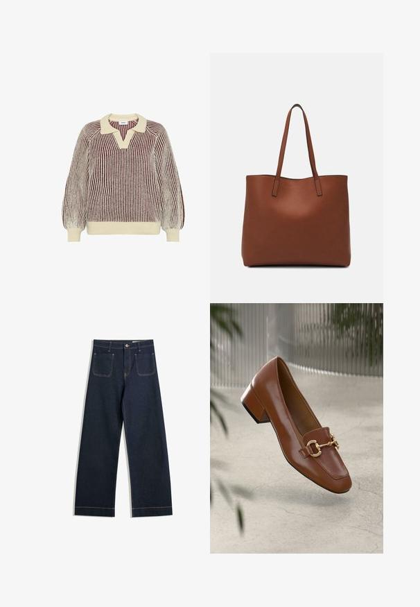 Moves DELLA - Jumper - sassafras; Dark blue wide-leg jeans made of denim with contrasting tan stitching, two back pockets, and a button closure at the waist.; Brown patent leather loafer with square toe, metallic chain accent, and low block heel; smooth texture, minimalist design.; Brown leather tote bag with a smooth texture, open top design, and two shoulder straps. Features minimal stitching and no visible hardware.