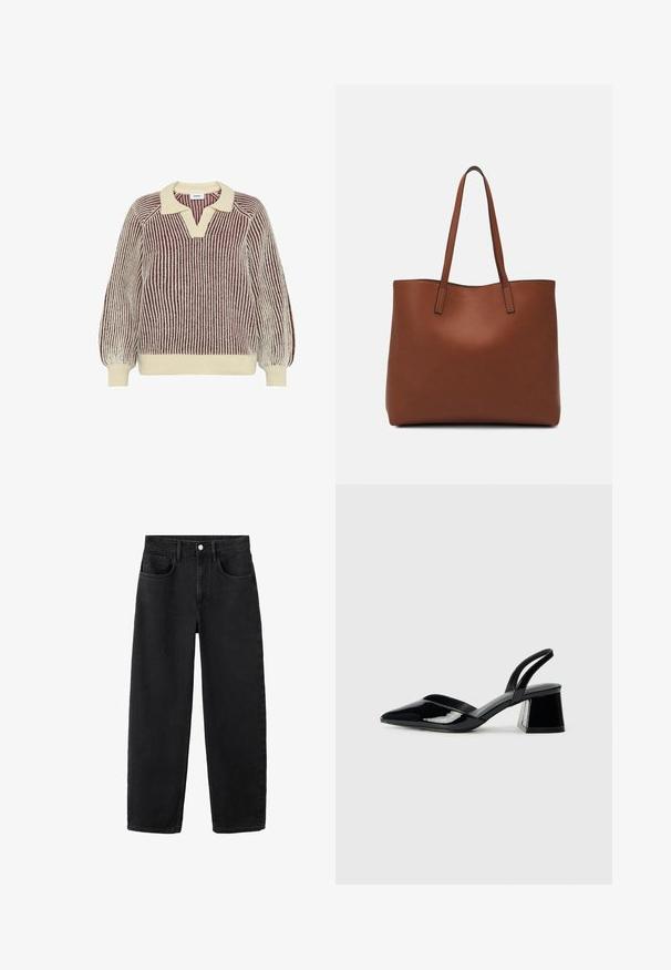 Moves DELLA - Strickpullover - sassafras; Schwarze Denimjeans mit geradem Schnitt, ausgestattet mit fünf Taschen, einem Knopfverschluss und einem klassischen Design. Weiche Haptik mit sauberem Finish.; Schwarze Lackleder-Slingback-High Heels mit spitzem Schuh und einem geometrischen Blockabsatz. Verfügt über ein schlankes, minimalistisches Design und eine glatte Textur.; Braune Leder-Tote mit glatter Textur, offenem Oberteil und zwei Schulterriemen. Verfügt über minimale Nähte und keine sichtbaren Beschläge.