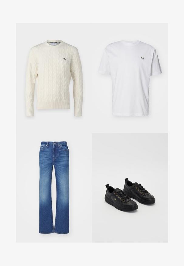 Krēmkrāsas adījuma džemperis ar apaļu apkakli, ribotām piedurknēm un apakšmalu, kā arī zaļu Lacoste logo uz krūtīm. Strukturēts audums uzsver detaļas.; Balts kokvilnas T-krekls ar apaļu kaklu, īsām piedurknēm un mazu zaļu izšūtu logotipu uz krūtīm. Klasiska taisna izmēra forma.; Zilā džinsu bikses ar taisnu kāju dizainu, kas raksturojas ar izbalējušu mazgāšanu, piecām kabatām un pogu un rāvējslēdzēja aizdari jostasvietā.; Melnas ādas sporta apavi ar zeltītām acīm un auklām, teksturēta virsma, noapaļots purngals un bieza melna zole. Vienkāršs, mūsdienīgs dizains ar aizmugurē ievietotu cilpu.