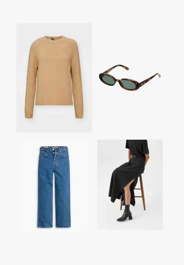 Light brown sweater made of textured fabric, featuring a crew neck, long sleeves, and ribbed cuffs and hem. Simple, classic design.; Blue denim straight-leg jeans with a high waist, five-pocket design, and button fly. Noticeable stitching and copper-tone rivets.; Black linen maxi skirt with a high slit, worn with a black t-shirt and black ankle boots. Minimalistic design with a relaxed fit.; Tortoiseshell sunglasses with oval frames and green lenses. Features thin arms with a metallic accent near the hinges.