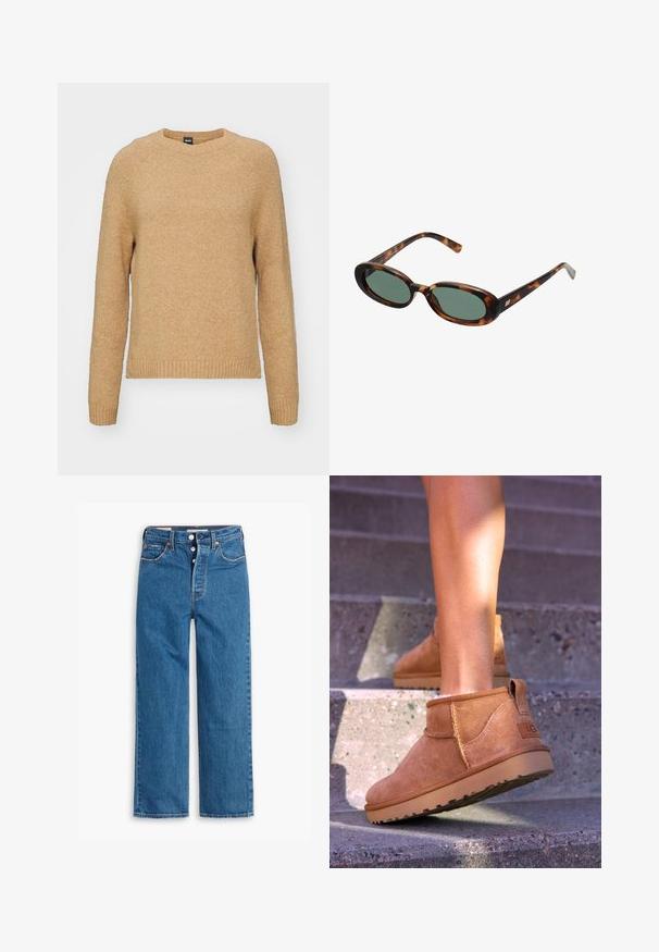 Helles braunes Sweatshirt aus strukturiertem Stoff, mit Rundhalsausschnitt, langen Ärmeln und gerippten Bündchen und Saum. Einfaches, klassisches Design.; Blaue Denim-Jeans mit geradem Bein, hoher Taille, fünf Taschen und Knopfverschluss. Auffällige Nähte und Nieten in Kupferfarbe.; Beige Wildleder-Ankelstiefel mit weicher Textur, gesteppten Details und einer Gummisohle, ausgestattet mit einer Schlaufe an der Ferse für einfaches An- und Ausziehen.; Schildpatt-Sonnenbrille mit ovalen Rahmen und grünen Gläsern. Verfügt über dünne Bügel mit einem metallischen Akzent in der Nähe der Scharniere.