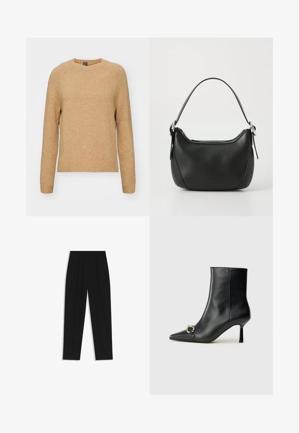 Helles braunes Sweatshirt aus strukturiertem Stoff, mit Rundhalsausschnitt, langen Ärmeln und gerippten Bündchen und Saum. Einfaches, klassisches Design.; Schwarze Hose mit geradem Schnitt, doppelten Falten, einer glatten Textur und einem klassischen Bunddesign. Keine sichtbaren Beschläge oder Akzente.; Schwarze Leder-Stiefelette mit spitzer Zehe, schlankem, mittelhohem Absatz und silberner Schnalle seitlich vor einem schlichten Hintergrund.; Schwarze Ledertasche mit geschwungener Form, silbernem Reißverschluss und kurzem Griff. Verfügt über ein dezentes Logo auf der Vorderseite und eine glatte Textur.