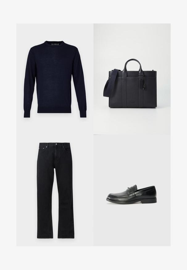 Marineblauw lange mouwen trui gemaakt van een gladde, lichte stof. Voorzien van een ronde hals en gebreide manchetten en onderrand. Minimalistisch ontwerp.; Zwarte denim jeans met een rechte pijpdesign, voorzien van een knoopsluiting, vijf zakkenstijl en subtiele stikseldetails.; Zwarte leren loafers met een ronde neus, met een gestikte ontwerp, een kleine voorkantriem met hardware details, en een platte rubberen zool.; Donkerblauwe leren aktetas met dubbele bovenhandgrepen en een afneembare schouderband. Kenmerkt zich door een gestructureerde afwerking, verticale stiksels en een logo-detail.