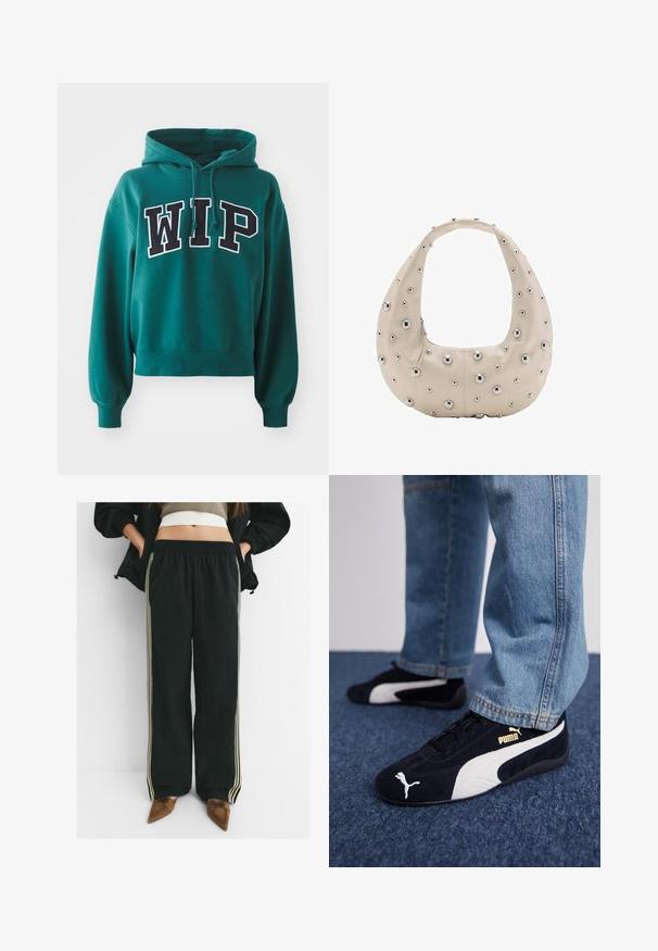 Grüner, verkürzter Hoodie mit einer verstellbaren Kapuze. Mit fettem schwarz-weißem "WIP"-Schriftzug auf der Vorderseite. Weicher Stoff mit gerippten Bündchen.; Schwarze, lässige Jogginghosen mit elastischem Bund und seitlichen Taschen, die kontrastierende, hellbeige Streifen entlang der Beine aufweisen.; Schwarze Wildledersneaker mit weißen Akzenten und einem goldenen Logo. Getragen mit hellblauen Jeans und auf einer strukturierten blauen Oberfläche platziert.; Beige Lederhandtasche in Hobo-Form mit silbernen Metallnieten in verschiedenen Größen auf der Außenseite und kontrastierendem Reißverschluss.
