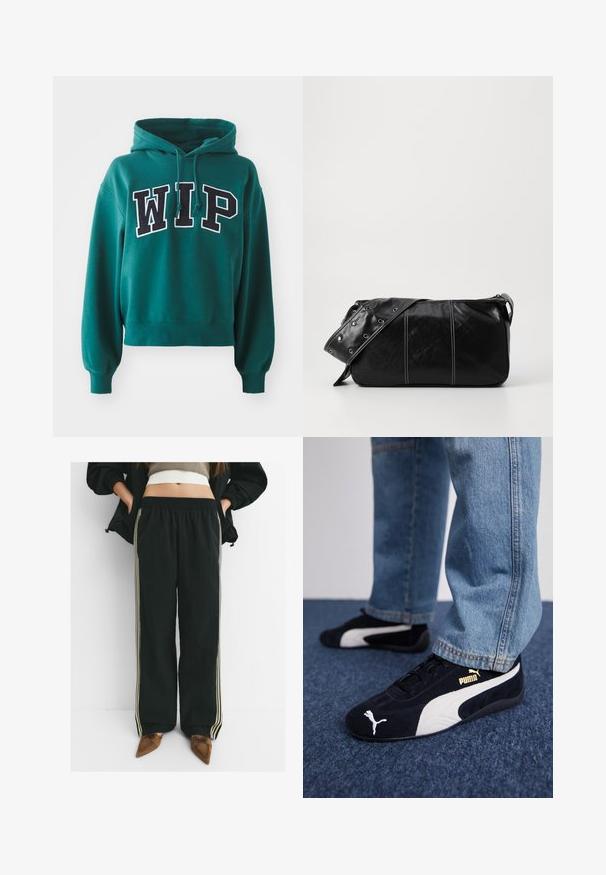 Grüner, verkürzter Hoodie mit einer verstellbaren Kapuze. Mit fettem schwarz-weißem "WIP"-Schriftzug auf der Vorderseite. Weicher Stoff mit gerippten Bündchen.; Schwarze, lässige Jogginghosen mit elastischem Bund und seitlichen Taschen, die kontrastierende, hellbeige Streifen entlang der Beine aufweisen.; Schwarze Wildledersneaker mit weißen Akzenten und einem goldenen Logo. Getragen mit hellblauen Jeans und auf einer strukturierten blauen Oberfläche platziert.; Schwarze Leder Schultertasche mit Reißverschluss, ausgestattet mit einer strukturierten Oberfläche, weißen Nähten und einem Tragegurt mit silbernen Ösen.