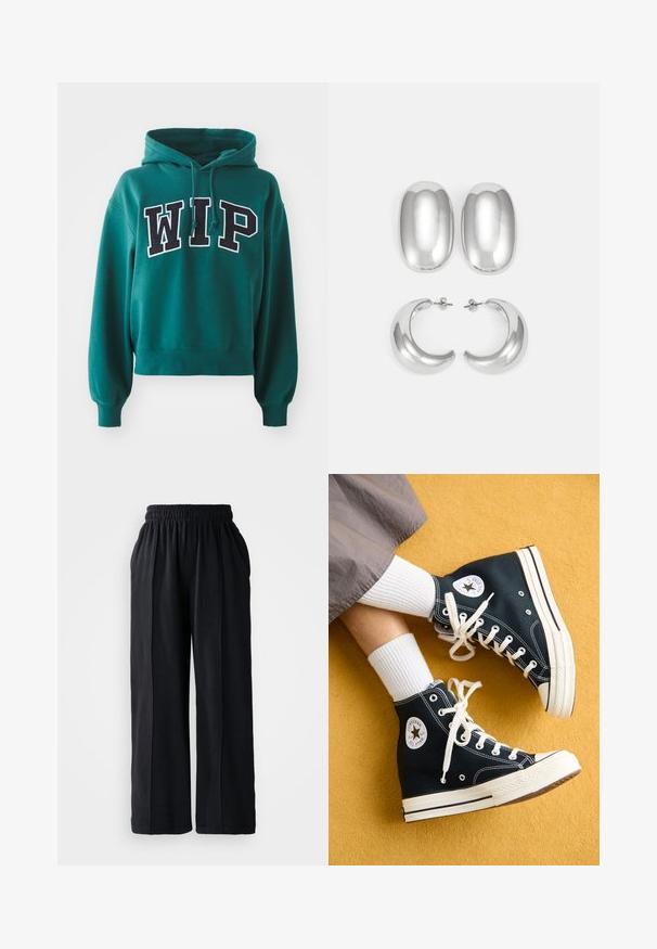 Grønn cropped hettegenser med snorhette. Har iøynefallende svart og hvit "WIP" skrift på forsiden. Myk stoff med ribbestrikkede mansjetter.; Sorte vide bukser med elastisk liv, laget av mykt stoff, med en glatt tekstur og rene designlinjer.; Sorte høyhælte kanvas sneakers med hvite snøringer og gummisåler, med en rund Converse All Star-logo på den ytre siden.; Sølvfargede øredobber sett: to ovale stifter og to halvmåneformede hoops, med en glansfull, glatt overflate og en rund design.