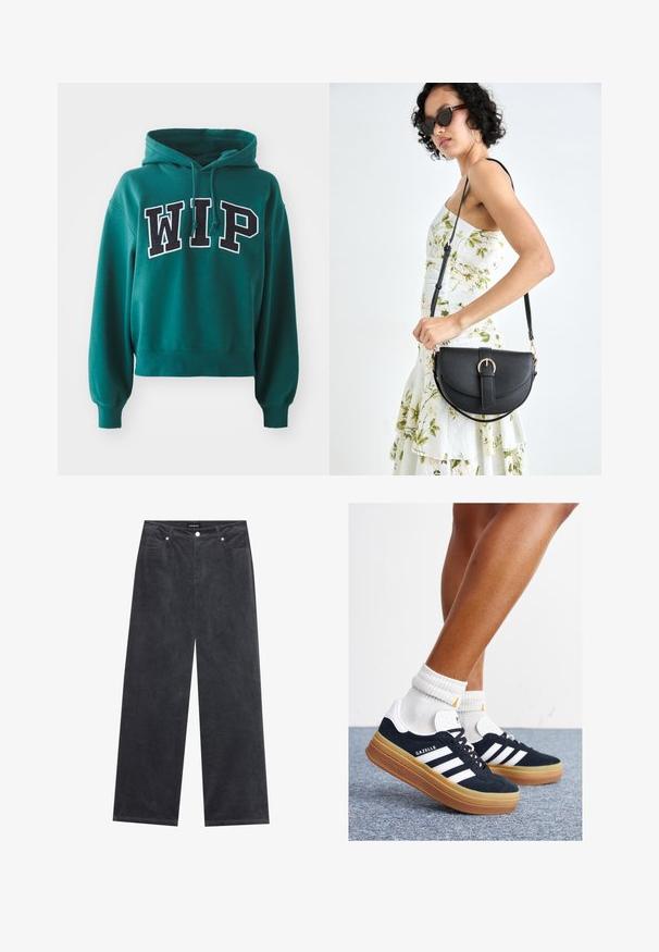 Zielona krótka bluza z kapturem na sznurki. Na przedzie widnieją wyraźne czarne i białe litery "WIP". Miękki materiał z ściągaczami przy mankietach.; Szerokie spodnie w ciemnoszarym korduroy, z zapięciem na guzik, czterema kieszeniami i miękką teksturowaną powierzchnią.; Czarne zamszowe trampki z białymi paskami i akcentami, zaokrąglonym noskiem, gumową podeszwą w kolorze jasno-brązowym, zestawione z białymi żebrowanymi skarpetkami do kostki.; Czarna skórzana torebka o zakrzywionym kształcie, z odpinanym paskiem i złotymi akcentami. Torebka posiada klapę z zapięciem w kształcie klamry.