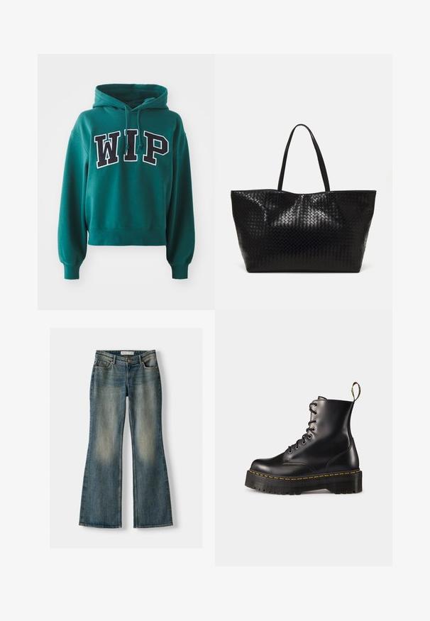 Grüner, verkürzter Hoodie mit einer verstellbaren Kapuze. Mit fettem schwarz-weißem "WIP"-Schriftzug auf der Vorderseite. Weicher Stoff mit gerippten Bündchen.; Blaue Schlagjeans mit einem ausgewaschenen Look, fünf Taschen und einem Knopfverschluss. Das Material zeigt eine Denim-Textur mit dezenten Stickdetails.; Schwarze Leder-Schnürstiefel mit knöchelhohem Schaft, einer robusten schwarzen Sohle und gelben Nähten. Verfügt über eine Lasche hinten und runde Metallösen.; Schwarze geflochtene Tragetasche mit zwei stabilen Griffen, die eine glänzende Textur und ein geräumiges offenes Design bietet.