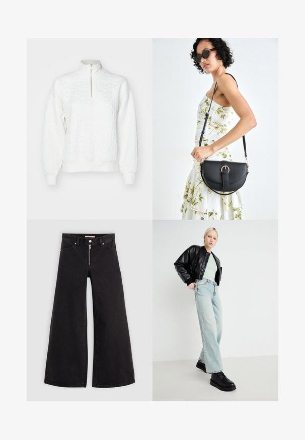 Valge tekstuuriga pullover kõrge kraega ja veerandi tõmblukuga. Omab mustrilist kangast, soonikkoes varrukaid ja sobitatud vöökohta.; Laiad teksad mustast denimist, millel on lukuga eesmine osa, viie taskuga disain ja peened õmblusdetailid. Sile tekstuur ja juhuslik stiil.; Mustast nahast pommijakk, piparmündiroheline särk, helesinised laiad teksad ja mustad nööbitavad kingad, minimaalses taustas.; Mustmust mustraha kõverate joontega, eemaldatava rihmaga ja kuldsete detailidega. Kotil on klapp, millel on pandladetail.