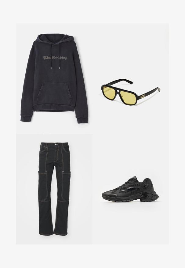Hoodie gris foncé avec une poche avant, des cordons de serrage et un design de texte "The Keepers" en embellissements clairs. Tissu doux et texturé.; Pantalons cargo noirs en tissu durable, dotés de plusieurs poches, de coutures contrastées, d'une coupe droite et d'une fermeture à bouton.; Baskets de sport noires avec une tige synthétique texturée, bout arrondi et découpes ovales distinctives. Équipées d'une semelle en caoutchouc robuste pour une adhérence optimale.; GCDS UNISEX - Lunettes de soleil - shiny black