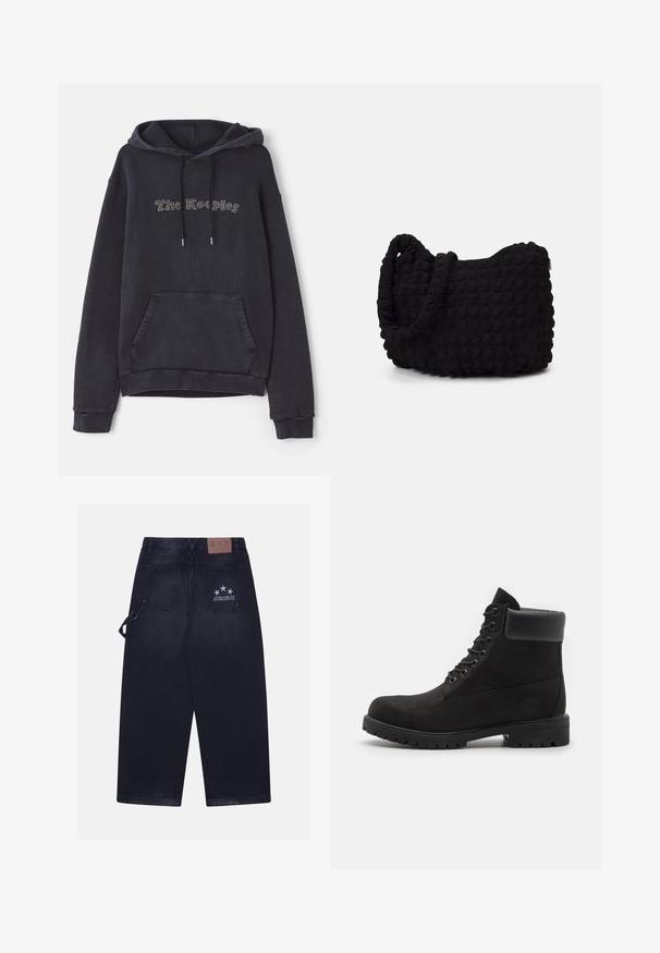 Felpa con cappuccio grigio scuro, dotata di tasca frontale, cordini e design del testo "The Keepers" in embellimenti chiari. Tessuto morbido e testurizzato.; Pantaloni in denim scuro con vestibilità ampia. Presentano due tasche sul retro, un'etichetta in pelle con il logo e un design a cinque stelle su una tasca.; Stivale alla caviglia nero con lacci, colletto imbottito e suola robusta, mostrato in profilo su uno sfondo bianco.; Borsa in tessuto nero con un motivo trapuntato e texture. Forma arrotondata, manici corti e spessi, e una struttura morbida e flessibile.