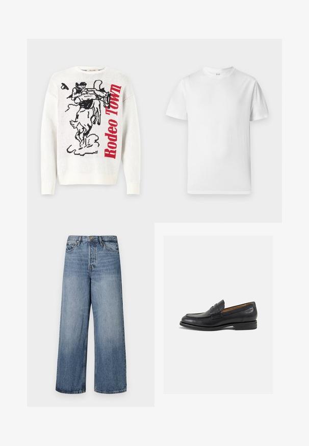 Valge kootud sviiter, millel on must ja punane graafika, kus on cowboy ja hobune, ning tekst "Rodeo Town" julgete punaste tähtedega.; Valge lühikeste varrukatega T-särk, mis on valmistatud pehmest puuvillast. Omab ümmargust kaelust ja sirget äärt, millel on minimaalne detailitunne.; Pikend varrukatega nööbiga särk rohelise, sinise ja kollase ruudulise mustriga, valged nööbid ja nööbitud krae.; Laia siniste denimpükse, millel on pleekinud pesu, viie tasku disain ja nööbi sulgemine. Varustatud vööde jaoks silmadega ja õmblustega detailidega.; Mustad mustad nahast loafers, sujuva viimistlusega, ümar sirge ja dekoratiivne tikand peal. Madal ja kergelt kuhjatud konts ning kerge läige.