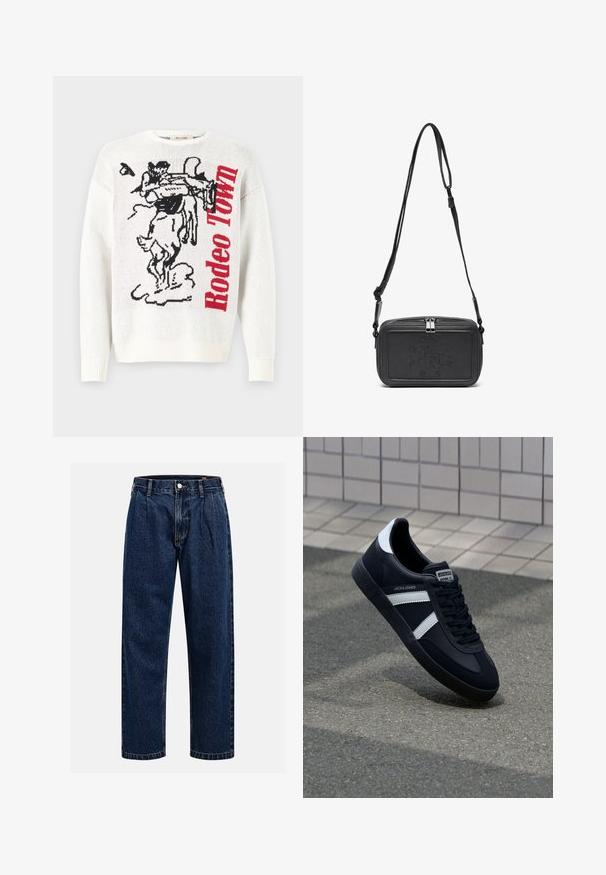 Witte gebreide trui met een zwart en rood grafisch ontwerp van een cowboy en een paard, en de tekst "Rodeo Town" in gedurfde rode letters.; Donkerblauwe denim jeans met een rechtlopende pasvorm. Beschikt over zichtbare stiksels, een knoopsluiting en voorste plooien voor extra detail.; Zwarte leren sneaker met witte strepen, een gestructureerde rubberen zool en vetersluiting aan de voorkant. Voorzien van een merklabel op de tong.; Zwarte leren schoudertas met een ritssluiting, reliëflogo aan de voorkant en een verstelbare schouderriem. Gladde textuur met een rechthoekige vorm.
