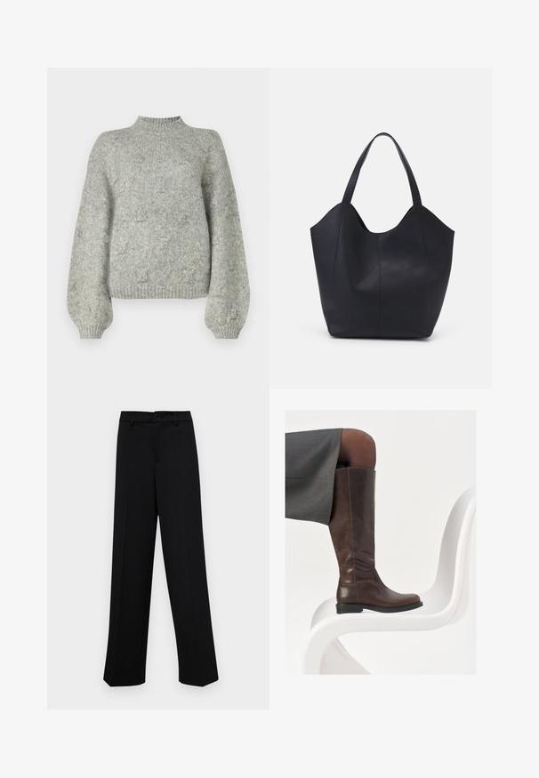 Hellgrauer Strickpullover mit hohem Kragen, weiten Ärmeln und einer weichen Textur. Verfügt über ein dezentes Muster im gesamten Material.; Schwarze, weit geschnittene Hosen aus glattem Stoff, mit einem klassischen Taillenbund und einem Knopfverschluss sowie vorderen Falten.; Braune Lederstiefel bis zum Knie mit abgerundeter Spitze, glatter Oberfläche und minimalen Nähten, vor einem hellen Hintergrund auf einem weißen Stuhl.; Schwarze Tote-Bag aus glattem Leder, mit einem abgerundeten, offenen Oberteil, zwei Schulterträgern und einem minimalistischen Design.