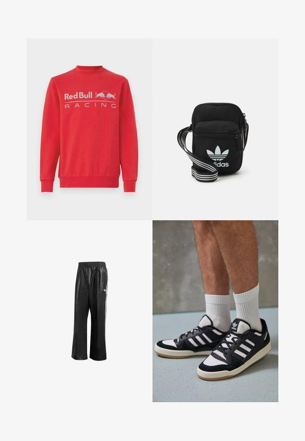 Piros pulóver kerek nyakkivágással és hosszú ujjal. Az elején egy fehér "Red Bull Racing" logó és két piros bika grafika található.; Fekete szintetikus tréningnadrág elasztikus derékkal, fehér oldalcsíkokkal és egy kis fehér logóval a bal csípőn.; Fekete-fehér tornacipők velúr és bőr felsőrésszel, három fehér csíkkal, perforált orral és gumi talppal.; Fekete anyagú, keresztpántos táska cipzáras záródással, fehér Adidas logóval és csíkos állítható pánttal a könnyű hordozás érdekében.
