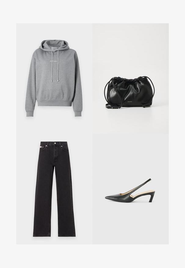 Grau Hoodie aus weichem Baumwollmix, mit einer Kordelzugkapuze, gerippten Bündchen, einem gerippten Taillensaum und gesticktem "EST 1981" auf der Vorderseite.; Schwarze weit geschnittene Jeans aus Denim mit einem hoch sitzenden Bund, fünf Taschen und einem Metallknopfverschluss mit kontrastierendem Nähte.; Schwarzer spitz zulaufender Slingback-Schuh mit niedrigem Absatz, der aus glattem Leder gefertigt ist und seitliche Ausschnitte für Atmungsaktivität aufweist.; Schwarze Lederhandtasche mit gerafftem Design, doppeltem Kordelzugverschluss und abnehmbarem Schulterriemen. Mit metallic Logo-Details.