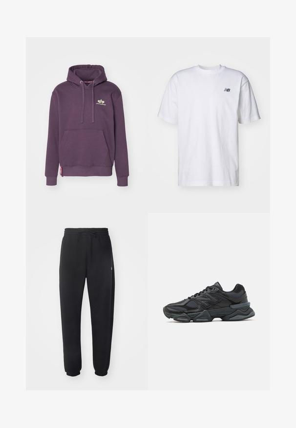Sudadera morada de mezcla de algodón con bolsillo canguro, capucha con cordones y pequeño logo dorado en el pecho. Presenta puños y dobladillo acanalados.; Camiseta blanca de manga corta con cuello redondo y un pequeño logo negro de New Balance en el lado izquierdo del pecho, sobre un fondo simple.; Pantalones de chándal negros hechos de un material suave, con una cintura elástica, cordón y puños acampanados, con un sutil logotipo en el lateral.; Zapatilla de running negra que presenta una combinación de malla y materiales sintéticos, suela gruesa, diseño curvado y una marca prominente en el costado.