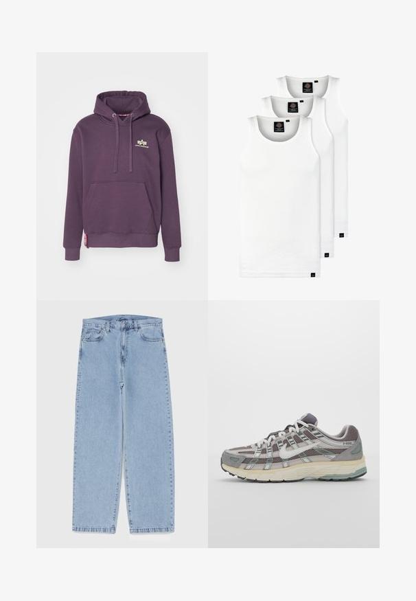 Fialová mikina z bavlnenej zmesi s klokankovým vreckom, kapucňou na šnúrku a malým zlatým logom na hrudi. Má rebrované manžety a lem.; Tri biele rebrované tielka vyrobené z bavlny. Majú okrúhly výstrih a malé čierne štítky pri leme. Dostupné v rôznych veľkostiach.; Svetlomodré denimové džínsy s rovnými nohavicami, s polovysokým pásom, piatimi vreckami a zapínaním na gombík a zips.; Šedá športová obuv so zvrškom z nylonu a semišu, bielymi akcentmi, polstrovanou podrážkou a jedinečným dizajnom s reflexnými prvkami.