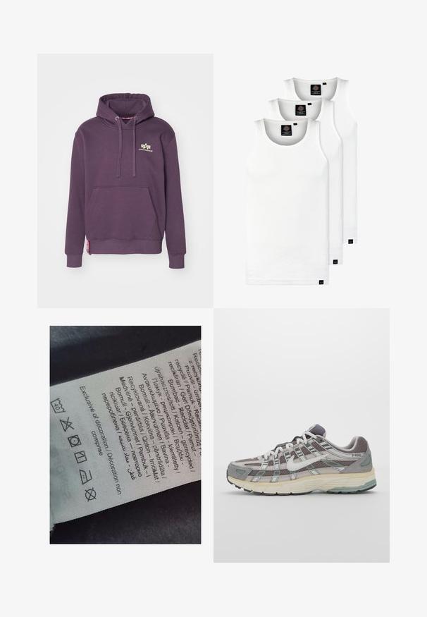 Hoodie viola in misto cotone con tasca a canguro, cappuccio con cordino e piccolo logo dorato sul petto. Presenta polsini e orlo a coste.; Tre canotte bianche a coste in cotone. Presentano un colletto rotondo e piccole etichette nere vicino all'orlo. Disponibile in diverse taglie.; Etichetta con testo multilingue, simboli di cura e icone di riciclo, stampata su un materiale morbido simile a stoffa di colore chiaro.; Scarpa sportiva grigia con tomaia in mesh e suede, dettagli bianchi, suola ammortizzata e un design distintivo con elementi riflettenti.