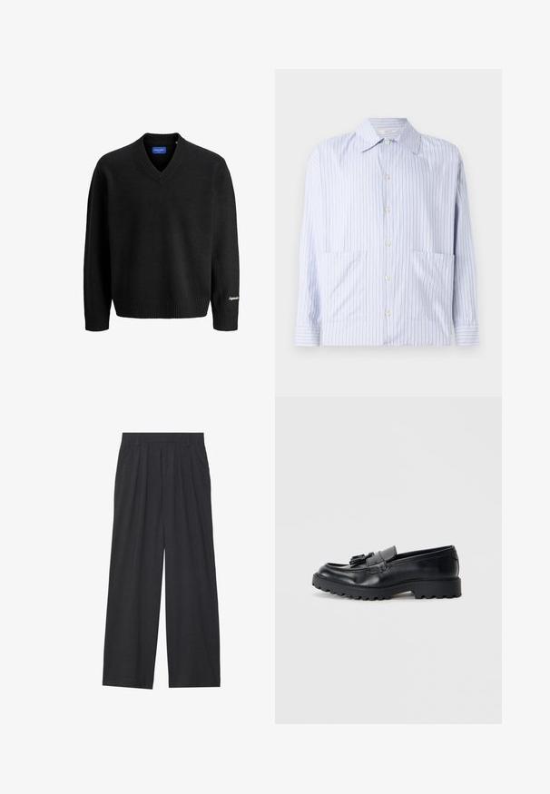 Crni džemper s V-izrezom i dugim rukavima, rebraste manžete i donji rub, mala bijela izvezenica na desnoj manžetni, te plava unutarnja oznaka.; Prugasta košulja s dugim rukavima u svijetloplavoj i bijeloj boji, s klasičnim ovratnikom, prednjim kopčanjem i dva prednja džepa. Glatka pamuk tkanina.; Hlače širokih nogavica napravljene od tamnosive tkanine. Imaju nabore na struku, kroj prilagođen tijelu i ravnu siluetu.; Crne kožne mokasine s glossy završnom obradom, debelim gumiranim đonom i ukrasnom resicom sprijeda.