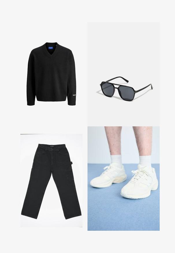 Must musta V-kaelusega pikkade varrukatega kampsun, millel on ribatud mansetid ja alus, paremal varrukal on väike valge tikand ning sinine sisetikett.; Mustad teksad otse lõikega, millel on ees nupuga sulgemine, tagakotid ja külgmine cargo-tasku.; Valged sportlikud tossud, millel on pehmed ja nahkdetailid, tekstureeritud talla, ümar kuju ja paelad, kantud valgete pahklubide sokkidega.; Mustad mustad prillid oktaalpäistega, tumedad läätsed, läikiv viimistlus, õhukesed templid ja kuldsed aktsendid ees.