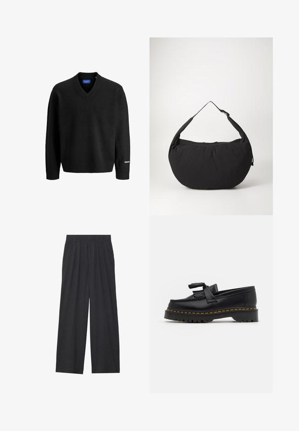 Must musta V-kaelusega pikkade varrukatega kampsun, millel on ribatud mansetid ja alus, paremal varrukal on väike valge tikand ning sinine sisetikett.; Laiene püksid, mis on valmistatud tumedast hallist kangast. Omavad vööümbrikus voldikuid, on kohandatud disainiga ja sirge siluett.; Mustmust musta loafer, millel on frantsiisi aktsent, paks must tald ja kollane õmblus servas. Tekstuuriga viimistlus.; Mustmust kangas õlakott, millel on kõver kuju, üheahelaline rihm ja lukuga sulgemine. Pehme tekstuur, minimalistlik disain.