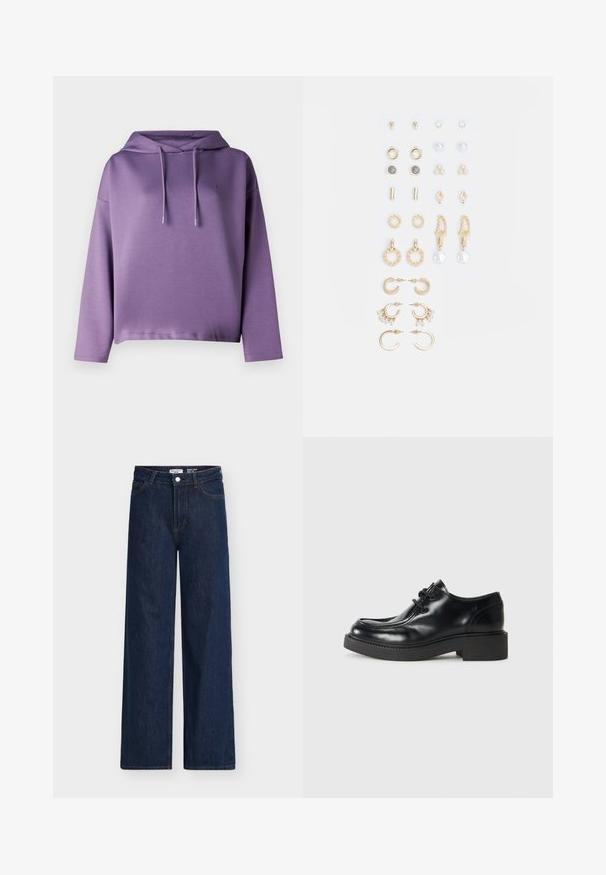 Fialová mikina s kapucňou a dlhými rukávmi, so žebrovaným lemom a šnúrkami. Hladká textúra a detail loga na hrudi. Pohodlný strih.; Tmavomodré široké džínsy s vysokým pásom, vyrobené z denimu. Majú predné vrecká, púzdra na opasok a zapínanie na gombík. Klasický dizajn.; Čierne kožené oxfordky s guľatou špičkou, šnurovací dizajn a hrubá čierna gumová podrážka. Hladký povrch a minimálne detaily šitia.; Súprava náušníc v zlatom odtieni obsahujúca rôzne dizajny, vrátane puzetových, kruhových a visiacich kúskov s perlami a rhinestones.