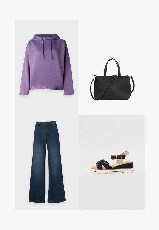 Violet kapučino su ilgomis rankovėmis, rebrinė apykaklė ir užtrauktukai. Lygi tekstūra ir logotipo detalė ant krūtinės. Kasdienis siluetas.; Tamsiai mėlyni aukšto liemens plačiakulkšniai džinsai su priekinėmis kišenėmis ir dirželių kilpelėmis ant baltos fono.; Tamsiai mėlynos šlepetės su dviem audinio dirželiais, reguliuojamu kulkšnies dirželiu ir tekstūruotu smėlio spalvos užkulniu. Storesnis baltas, banguotas padas. Prekės ženklas atspaustas ant dirželio.; Juodas odinis rankinys su tekstūruotu paviršiumi, dviem viršutinėmis rankenomis ir reguliuojamu peties diržu. Yra užtrauktuko uždarymas ir minimalus prekės ženklo atvaizdavimas.