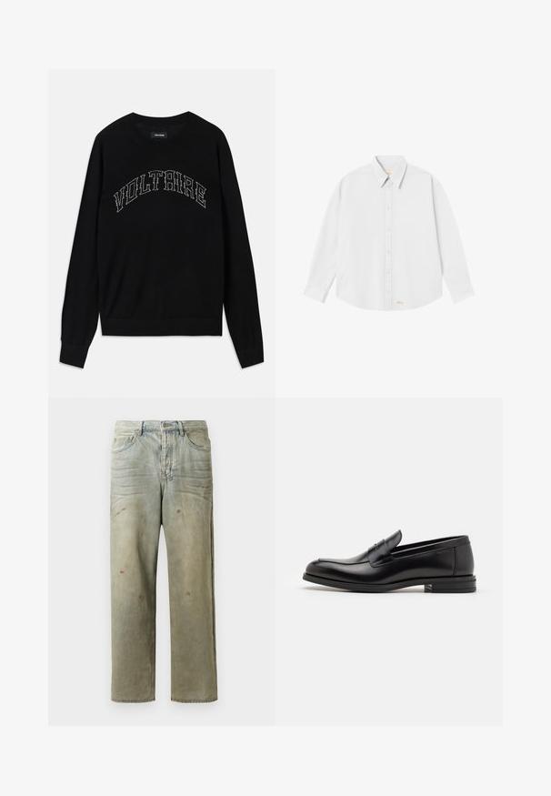 Zwarte trui met een ronde hals en lange mouwen. "VOLTAIRE" in contrasterend stiksel over de borst. Zachte textuur en een aansluitend ontwerp.; Witte blouse met een klassieke kraag, lange mouwen en een ronde zoom; heeft een klein oranje logo aan de onderkant aan de linkerkant.; Verweerde denim jeans in lichtgroen, met een rechte pijp, vijf-pocket ontwerp en ongelijkmatige vervaging met verfspatten.; Zwarte leren instappers met een gladde textuur, ronde neus en een decoratieve band over de wreef. Lage, gestapelde hak en minimalistisch ontwerp.